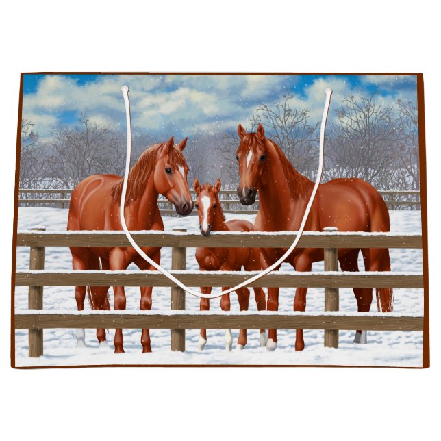 Chestnut Sorrel Quarter Horses In Snow Large Gift Bag (Front)