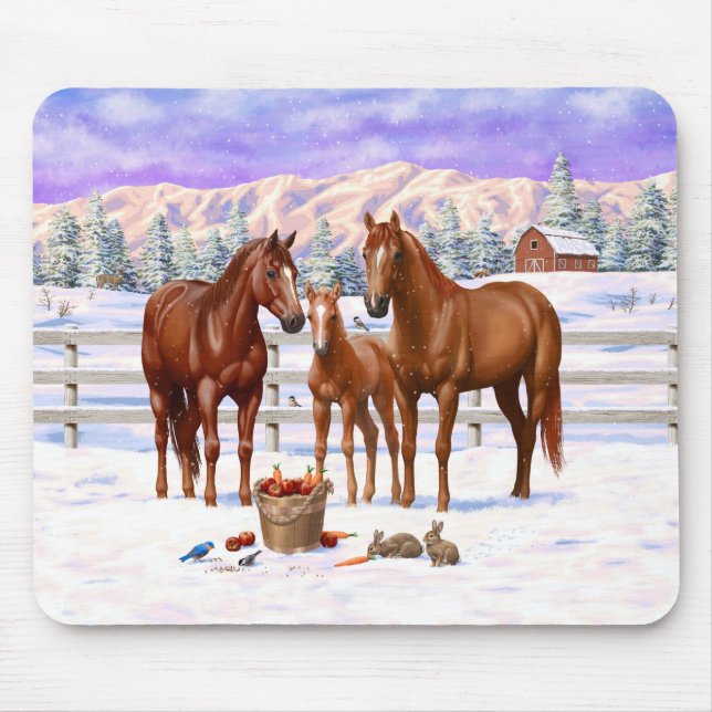 Chestnut Sorrel Quarter Horses In Snow Mouse Pad (Front)