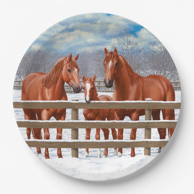 Chestnut Sorrel Quarter Horses In Snow Paper Plates (Front)