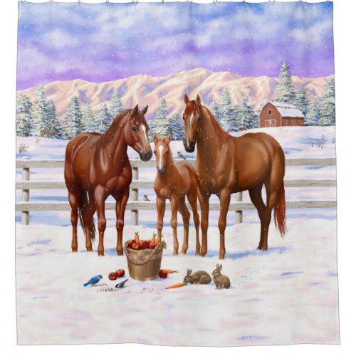 Chestnut Sorrel Quarter Horses In Snow Shower Curtain