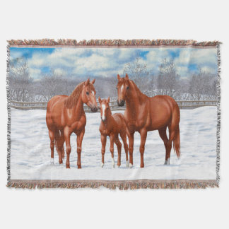 Chestnut Sorrel Quarter Horses In Snow Throw Blanket