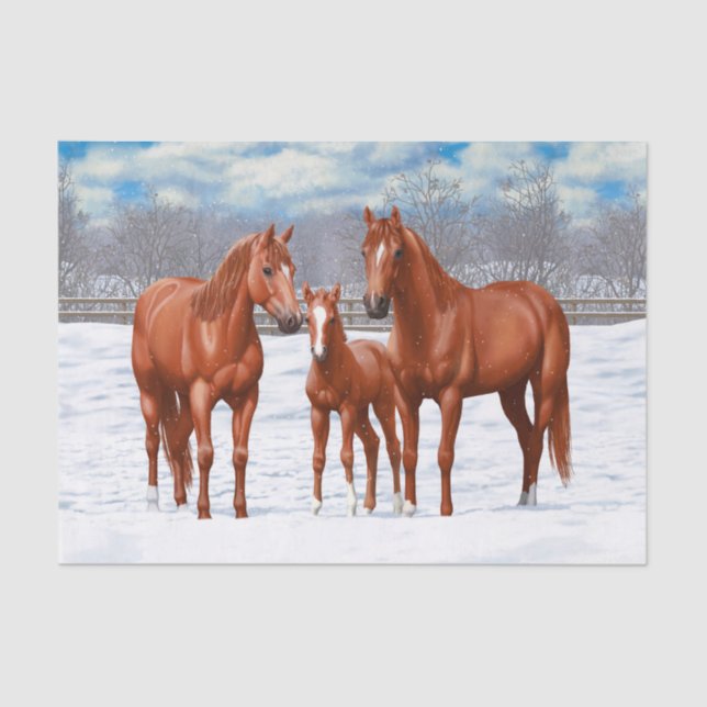 Chestnut Sorrel Quarter Horses In Snow Tissue Paper (Front)