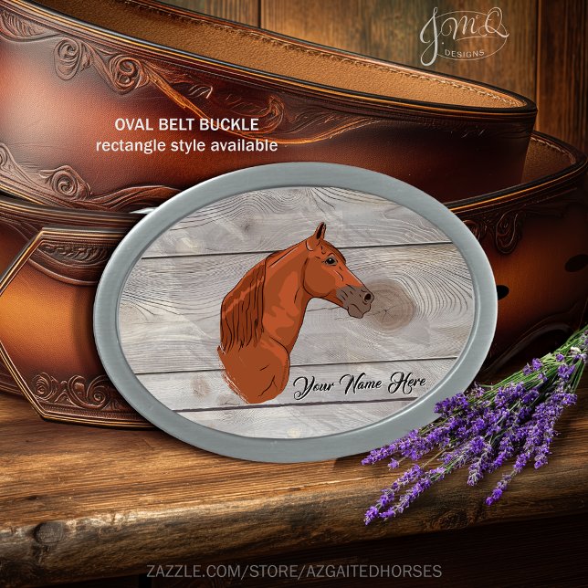 Chestnut Tennessee Walker Wood Design Belt Buckle (Sorrel Tennessee Walking Horse illustration on rustic wood for a warm western look.)