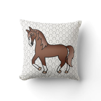 Chestnut Trotting Horse Cute Cartoon Illustration Throw Pillow