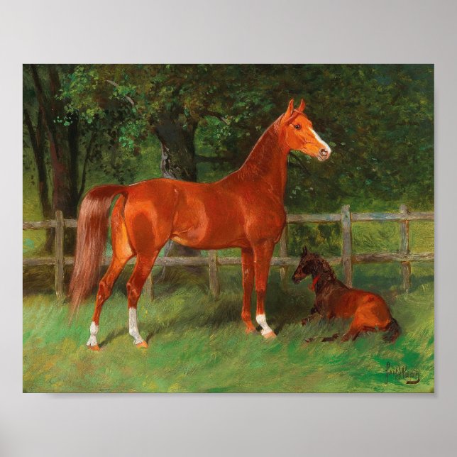 Chestnut with Foal in the Meadow | Hans Haag Poster (Front)