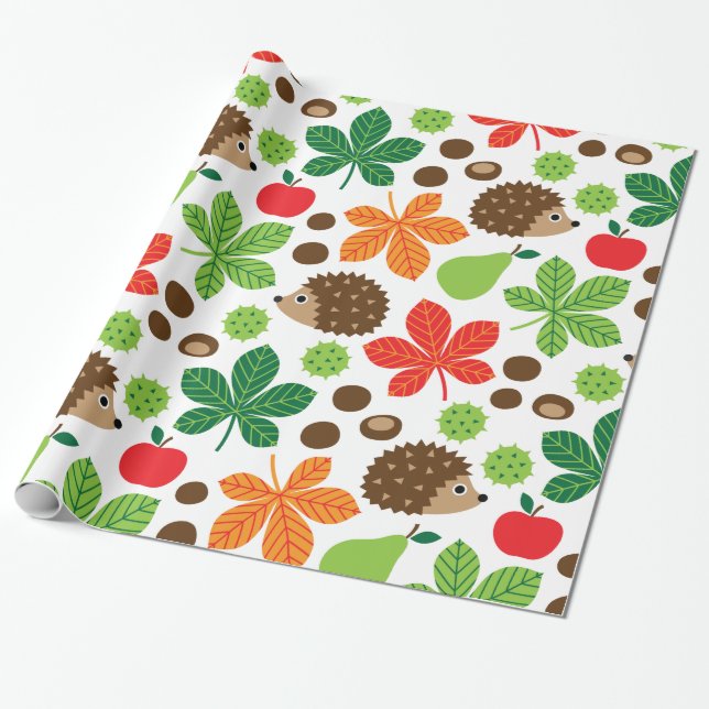 Chestnuts & Hedgehog Seamless Pattern Wrapping Paper (Unrolled)