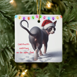 Chestnuts Roasting Sphynx Cat Christmas Ceramic Ornament