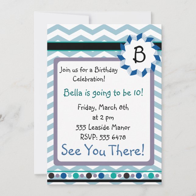 Cheveron Monogram Card with blue, teal, gray (Front)