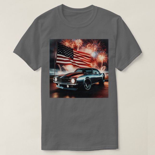 Chevrolet Camaro and The American Flag by Gas Auto T-Shirt (Design Front)