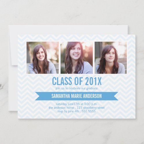 Chevron 3 Photo Graduation Invitation - Blue
