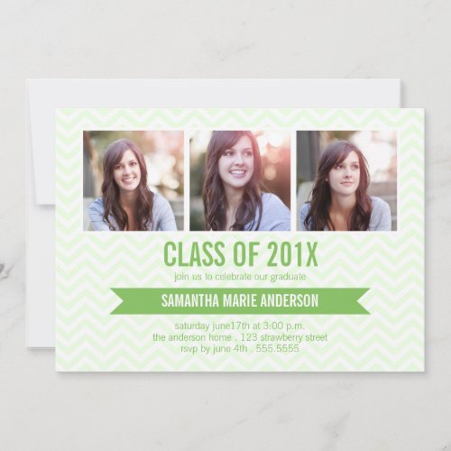 Chevron 3 Photo Graduation Invitation - Green