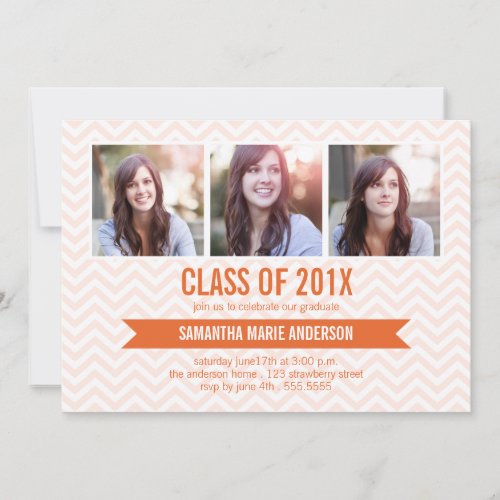 Chevron 3 Photo Graduation Invitation - Orange