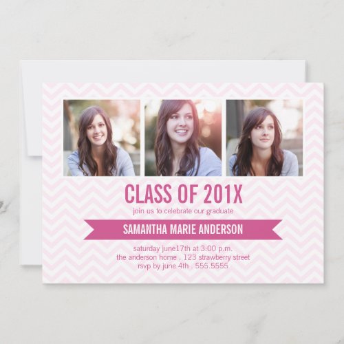 Chevron 3 Photo Graduation Invitation - Pink