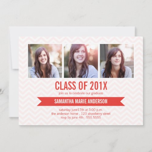 Chevron 3 Photo Graduation Invitation - Red