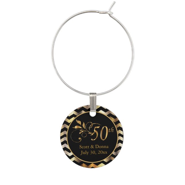 Chevron 50th Golden Anniversary | DIY Name & Date Wine Glass Charm (Front)