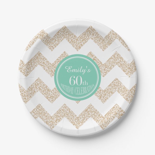 Chevron 60th Birthday Paper Plates Choose Color (Front)