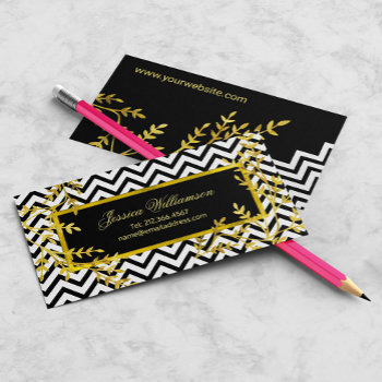Chevron And Faux Gold Leaves Modern Chic Business  Business Card by VillageDesign at Zazzle