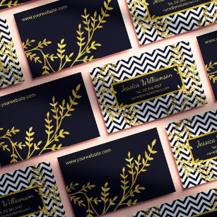 Chevron and Faux Gold Leaves Modern Chic Business Card