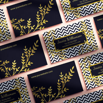Chevron And Faux Gold Leaves Modern Chic Business Card by VillageDesign at Zazzle