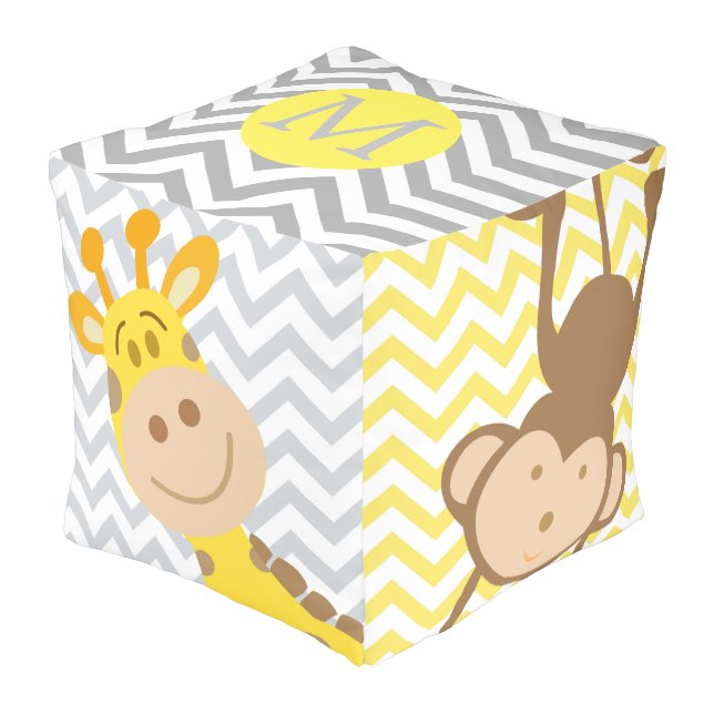 Chevron Baby Animals | Monogram Cube Pouf (Angled Front)