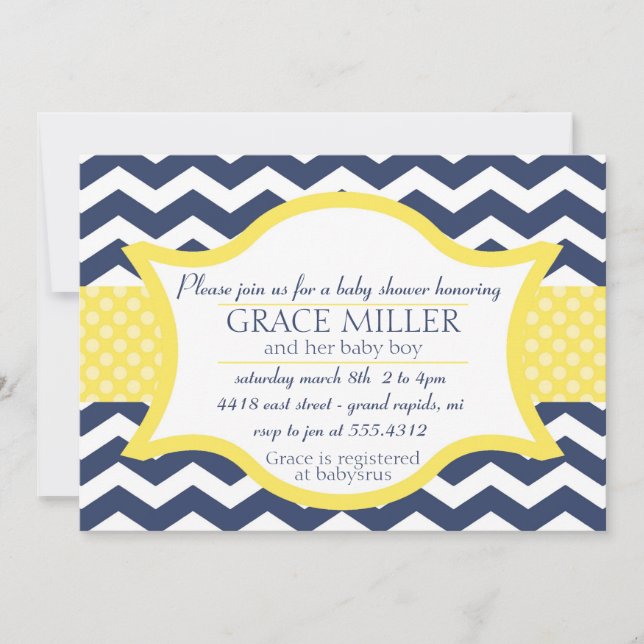 Chevron Baby shower invite. Navy blue and yellow Invitation (Front)