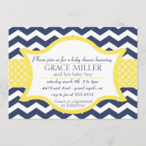 Chevron Baby shower invite. Navy blue and yellow Invitation