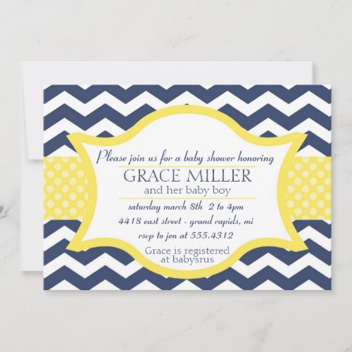 Chevron Baby shower invite. Navy blue and yellow