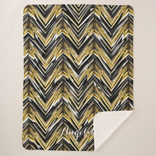 Chevron Black and Gold Personalized Name Sherpa Blanket (Front)