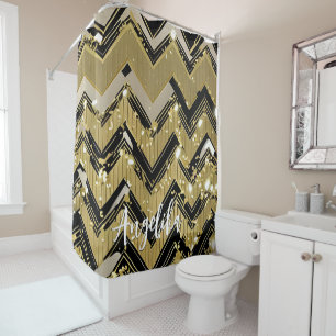Chevron Black and Gold Personalized Name Shower Curtain