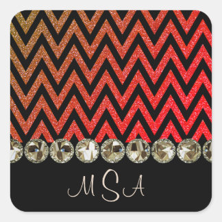 Chevron Bling Red Monogram Glam Jewels Square Sticker