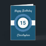 Chevron Blue 15th Birthday Card<br><div class="desc">A personalized blue 15th birthday card for him, which you can easily personalize with the age you need along with his name on the front of the card. You can easily personalize the inside card message if you wanted. This blue personalized 15th birthday card for him would make a great...</div>