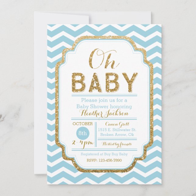 Chevron Blue And Gold Boy Baby Shower Invitation (Front)