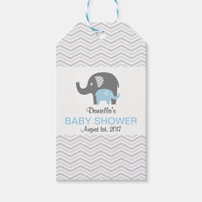 Chevron Blue Elephant Baby Shower Tag (Front)