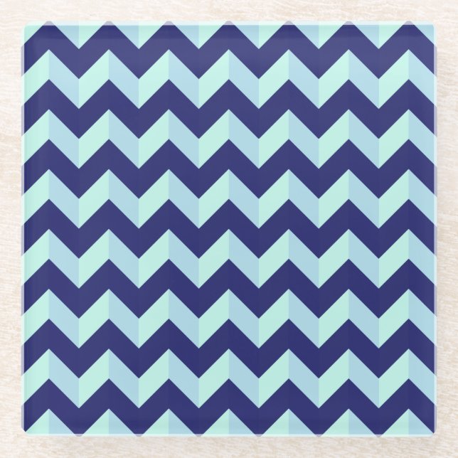 Chevron Blue Pattern Glass Coaster (Front)