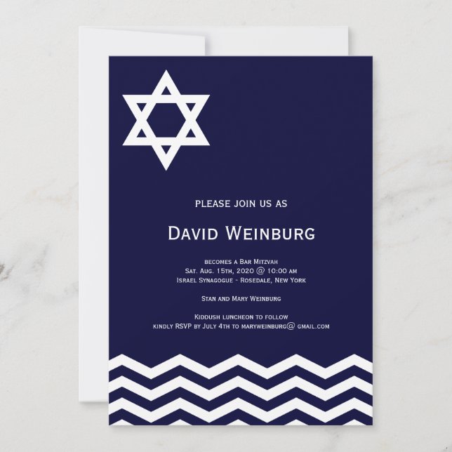 Chevron Blue Star Bar Mitzvah Invitation (Front)