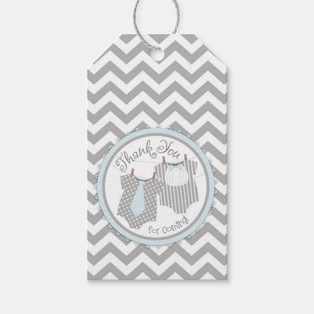 Chevron Blue Tie Bow-tie Baby Shower Gift Label (Front)
