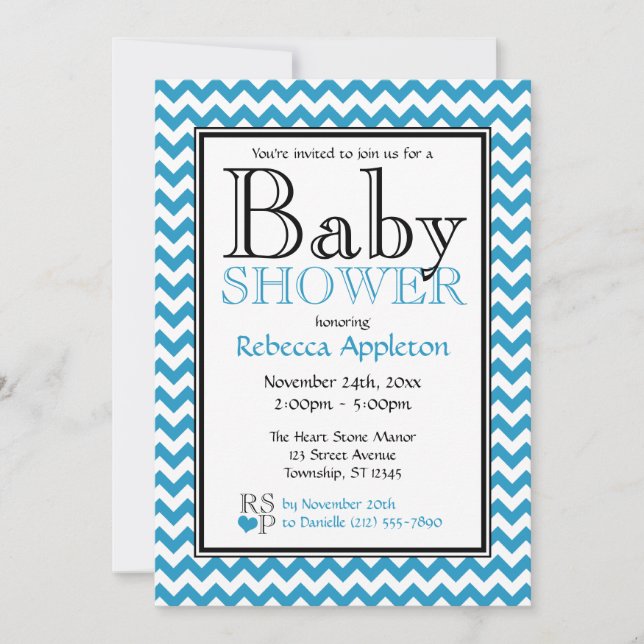 Chevron Blue & White Baby Shower Invitations (Front)