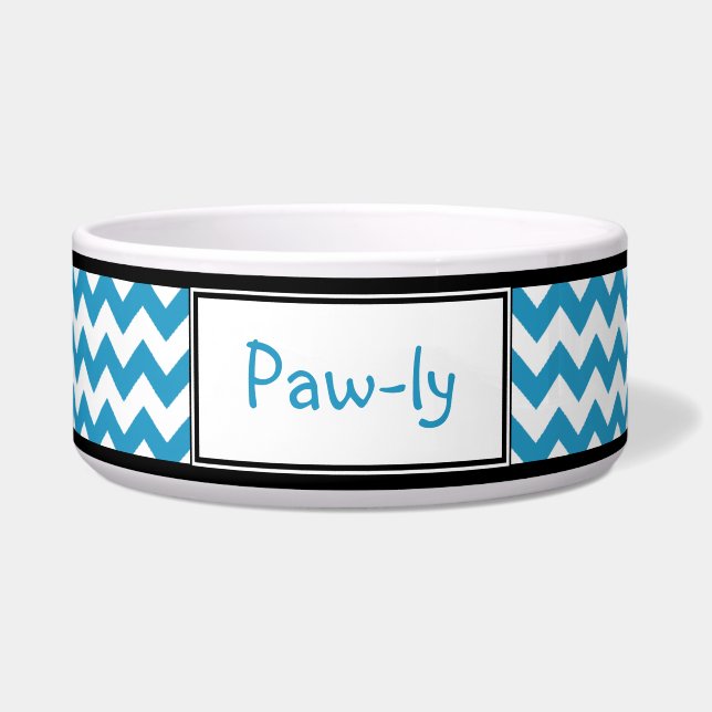 Chevron Blue & White Personalized Dog Bowl (Front)
