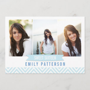 Chevron Blue White Sweet 16 Photo Birthday Party Invitation