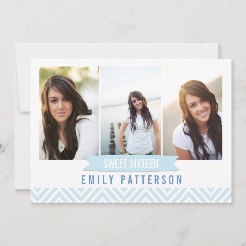 Chevron Blue | White Sweet 16 Photo Birthday Party Personalized Invitation