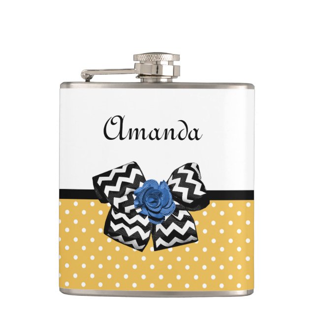 Chevron Bow Blue Rose Mustard Polka Dot Design Flask (Front)