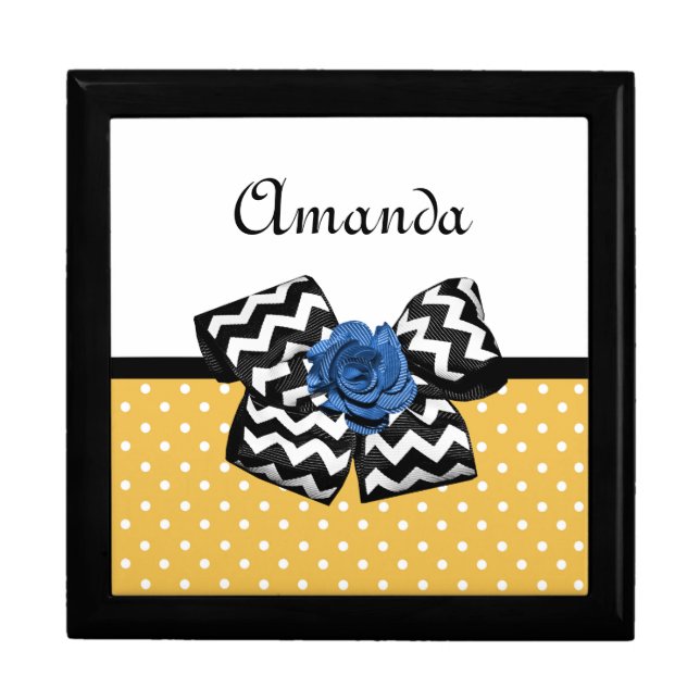 Chevron Bow Blue Rose Mustard Polka Dot Design Jewelry Box (Front)