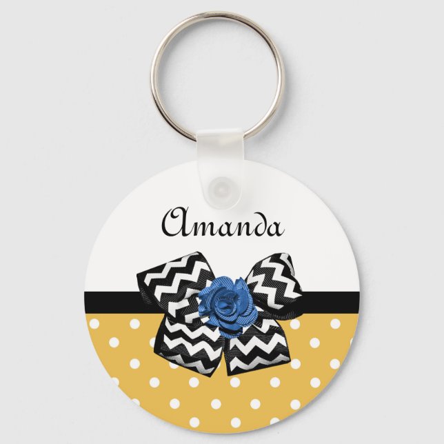 Chevron Bow Blue Rose Mustard Polka Dot Design Keychain (Front)