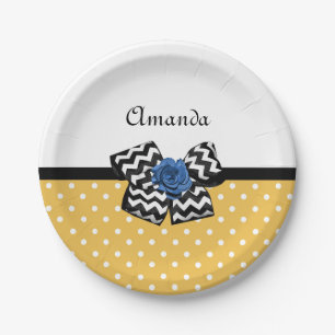 Chevron Bow Blue Rose Mustard Polka Dot Design Paper Plates
