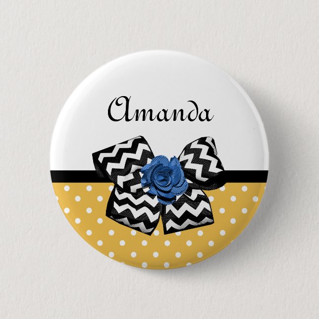 Chevron Bow Blue Rose Mustard Polka Dot Design Pinback Button (Front)