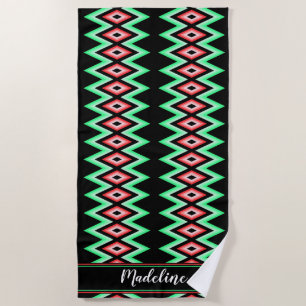 Chevron Calligraphy Name Red Green Tropical Beach Beach Towel
