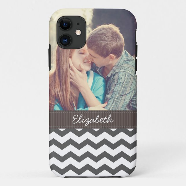 Chevron Charcoal Gray Zigzag Stripes Personalized Case-Mate iPhone Case (Back)