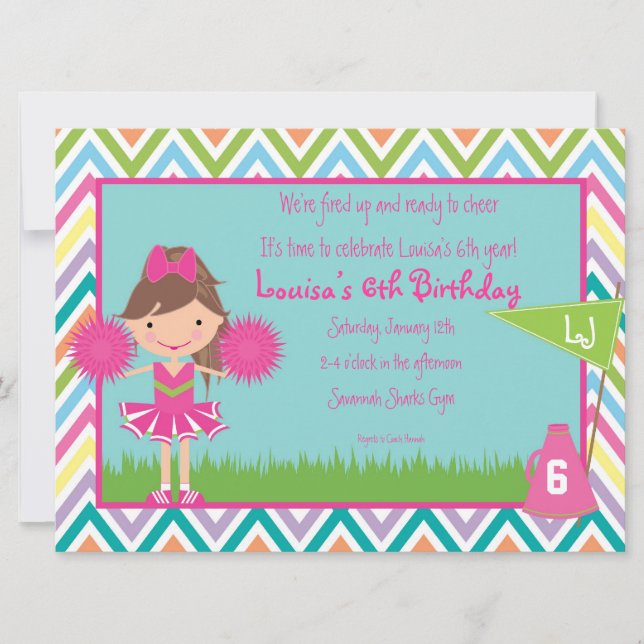 Chevron Cheer Party Invitation- Brunette/Brown Hai Invitation (Front)