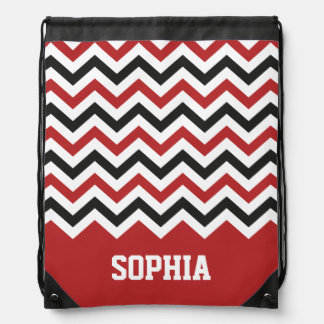 Chevron Classic Red and Black Custom Name Drawstring Bag