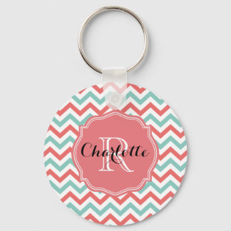 Chevron Coral and Aqua Custom Name Keychain